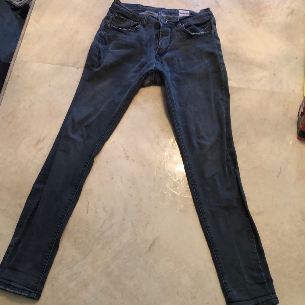 Men’s Fox gray denim skinny jeans 30W zip fly distressed pockets repaired crotch